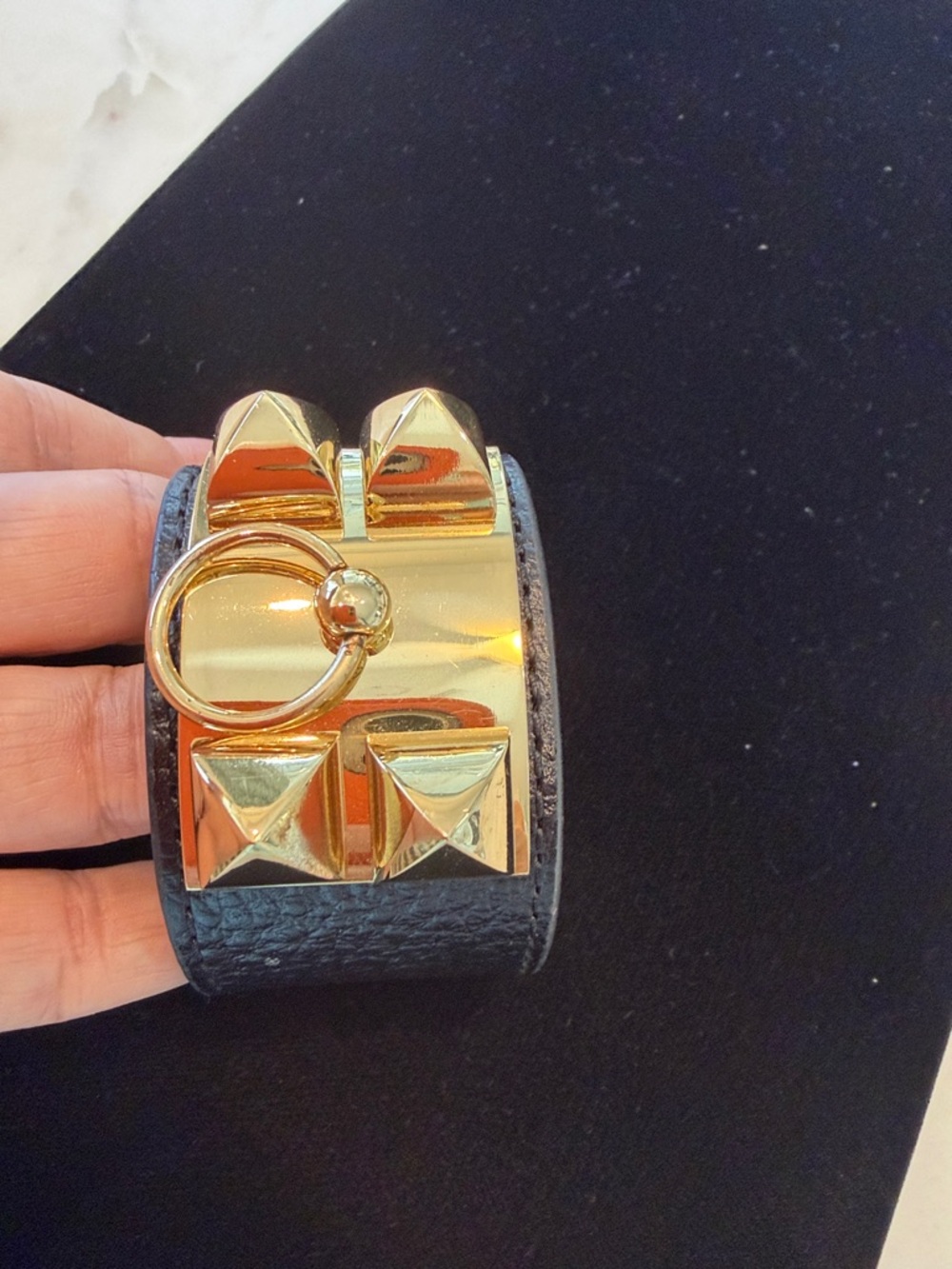 Rivale Gold & Black Leather Wide Cuff Bracelet